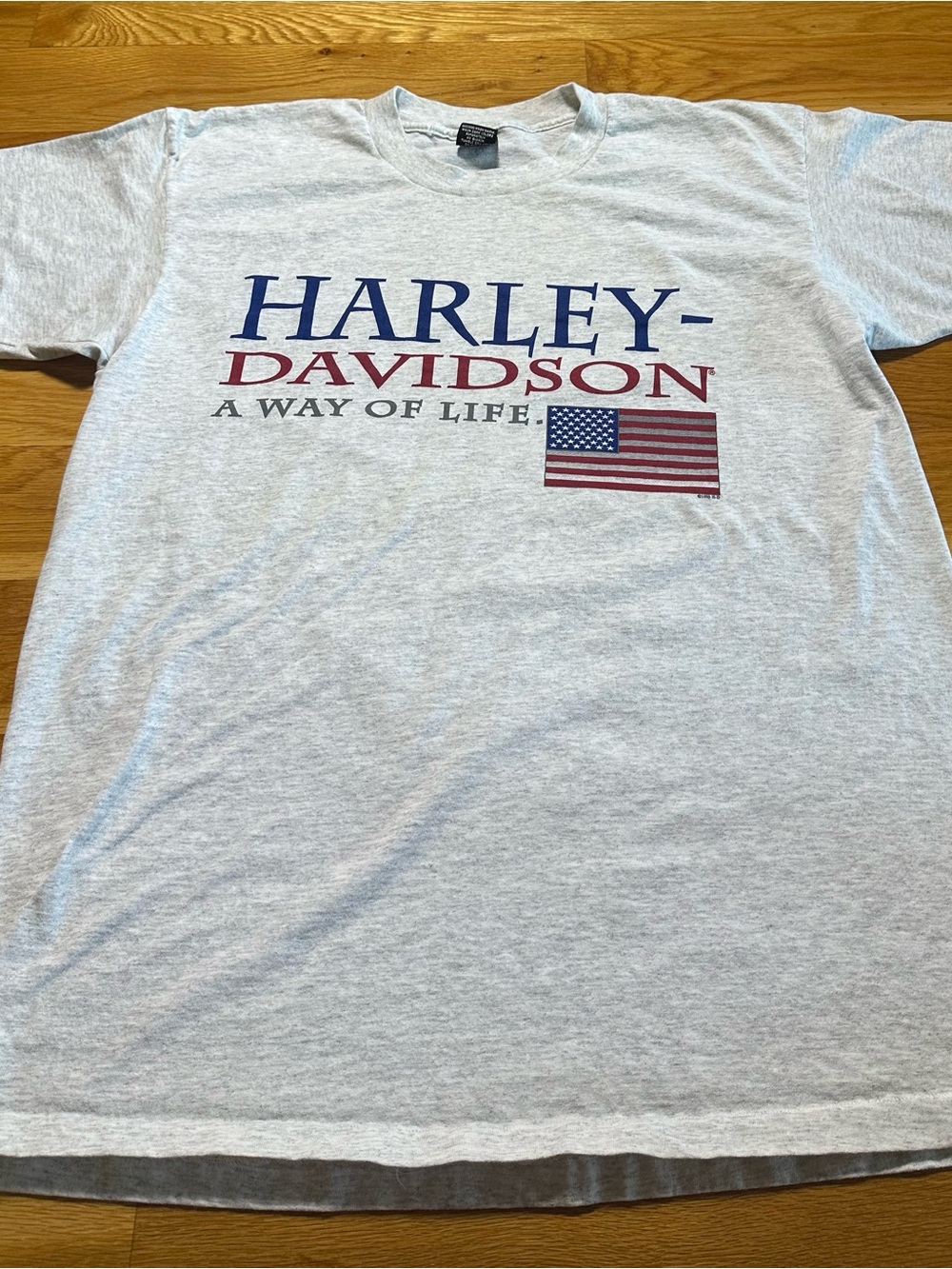 Harley-Davidson Light Gray Tee with Navy & Red Logo and Flag